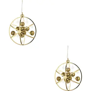 2 PACK Hanging Ceiling Pendant Light - Gold Effect Plate With Clear & Gold Glass - 8.53W LED (Smd 2835) Warm White