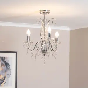 ValueLights Viscount Chrome 3 Way Ceiling Light Chandelier Fitting with Clear Acrylic Jewel Droplets