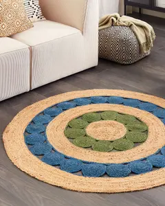 Round Jute Area Rug 140 cm Blue and Green HOVIT