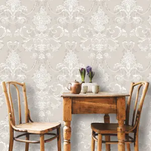 Amelie Damask Floral Mushroom & White Wallpaper 260253