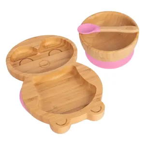 Tiny Dining - Children's Bamboo Suction Penguin Dinner Set - Pink