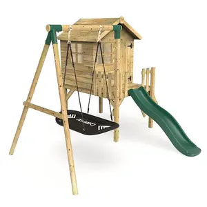 Rebo Orchard 4ft x 4ft Wooden Playhouse with Boat Swing, 900mm Deck and 6ft Slide - Boat Green