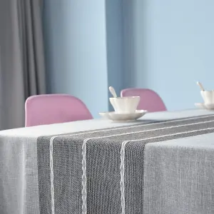 55" x 70" Table Cloth, Stitch & Fringe Tassels Polyester Linen Rectangle Table Cover, Grey