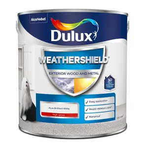 Dulux Weathershield Pure brilliant white Gloss Exterior Metal & wood paint, 2.5L