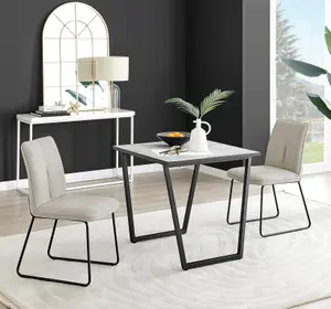 Furniturebox UK Carson White Marble Effect Square Dining Table & 2 Taupe Halle Chairs