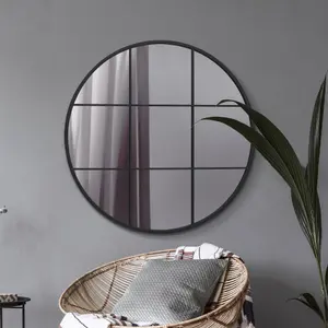 MirrorOutlet Circulus - Black Metal Framed Round Window Wall Mirror 39" X 39" (100x100CM)