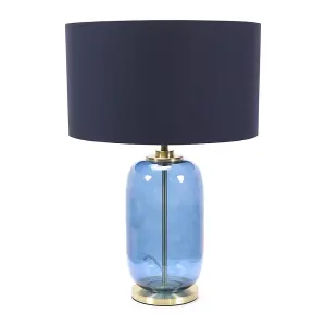 ValueLights Leigh Navy Blue Glass and Gold Detail Table Lamp with Drum Shade Light - LED Bulb Included