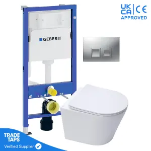 White Wall Hung Toilet Pan with Geberit Concealed Cistern Frame 112cm & Delta35 Matt Chrome Flush Plate