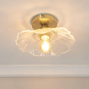 ValueLights Cassia Gold Flush Ceiling Light with Clear Glass Flower Shade