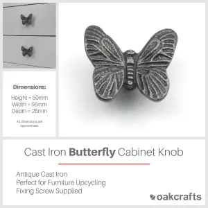 Oakcrafts - Small Cast Iron Butterfly Cabinet Knob - Approx 55mm - Pack of 2