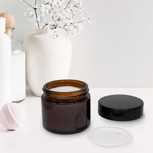 8 Pack Amber Glass Jars 60ml with Lids, Spatula & Liner - UV Protected Travel Cosmetic Pots for Cream, Ointment, & More