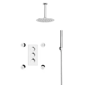 Flora Round 3 Way Concealed Thermostatic Shower Mixer Valve, Shower Head, Arm, Handset, Body Jets Set Chrome