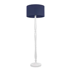 ValueLights Victoria Traditional White Wood Candlestick Floor Lamp with Navy Blue Drum Shade - LED Bulb Included