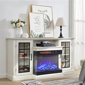 Electric Fire Suite 3 Sided Fireplace Heater with Fire Surround Set Fireplace TV Stand Cabinet with Storage Shelf