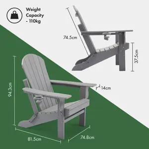 VonHaus Grey Folding Adirondack Chair, Foldable Fire Pit Chair for Garden, Waterproof HDPE Slatted Firepit & Garden Chair