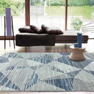 Block Blue Chequered Geometric Jute Backing Rug for Living Room Bedroom and Dining Room-160cm X 230cm