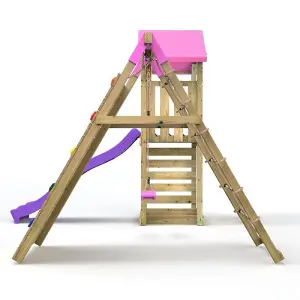 Rebo Challenge Wooden Climbing Frame with Swings, Slide and Up & over Climbing wall - Bear Pink