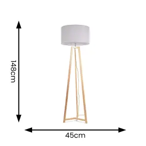 ValueLights Lottie Natural Wood Tripod Floor Lamp with Grey Drum Shade - LED Bulb Included