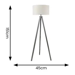 ValueLights Barbro Grey Wood Tripod Floor Lamp with Natural Linen with White Trim Drum Shade