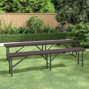 2Pcs Brown Rattan Effect Plastic Outdoor Garden Folding Bench Set with Carrying Handle L 180 cm