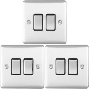 3 PACK 2 Gang Double Metal Light Switch SATIN STEEL 2 Way 10A Black Trim