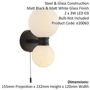 Bathroom Wall Light Fitting - Matt black & Matt White Glass - Twin Lamp