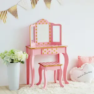 Teamson Kids Dressing Table, Play Vanity Set with Mirror & Stool - Pink/Gold/Polka Dots