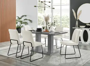 Imperia Grey High Gloss 6 Seater Dining Table with Structural 2 Plinth Column Legs Cream Fabric Halle Modern Chairs