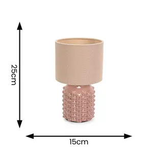 ValueLights Asha Pair - Ceramic Pink Geometric Textured Base Table Lamp with Drum Shade - LED Bulbs Included