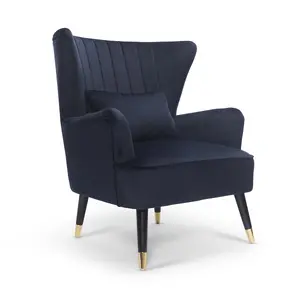 Velvet Navy Blue Camila Accent Wingback Chair with Footstool