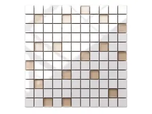 Ceramic mosaic with glass inserts on mesh for bathroom or kitchen 300mm x 300mm - Cafelatte