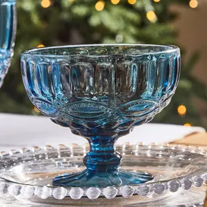 Set of 2 Vintage Blue Glass Trifle Bowl and Dessert Bowls