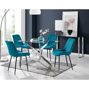 Lenworth Glass Rectangular Dining Table Set with 4 Luxury Velvet Chairs Blue/Black / Silver