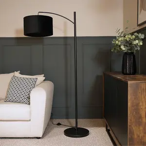 ValueLights Preto Black Metal Curve Stem Living Room Floor Lamp with a Black Velvet Shade - Bulb Included