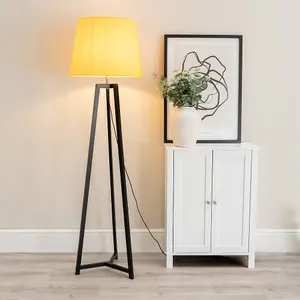 ValueLights Lottie Black Wood Tripod Floor Lamp with Mustard Tapered Shade - LED Bulb Included