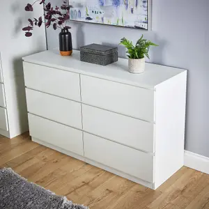 Home Source Lugano White 6 Drawer Wide Chest of Drawers High Gloss Drawer Fronts