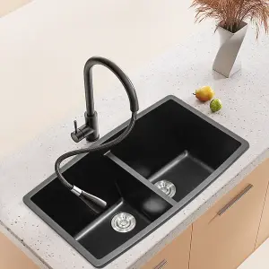 Quartz Equal Double Bowl Undermount Kitchen Sink Black 840x475mm