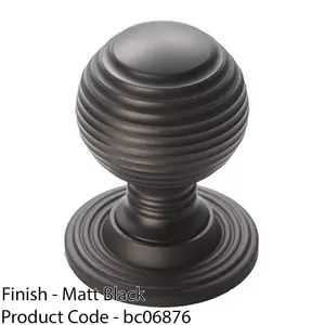 Reeded Ball Door Knob - 28mm Matt Black Lined Cupboard Pull Handle & Rose