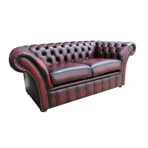 Chesterfield 2 Seater Sofa Settee Antique Oxblood Red Real Leather In Balmoral Style