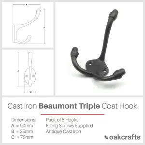 Oakcrafts - Antique Cast Iron Coat Beaumont Triple Coat Hook 90mm - Pack of 5 Hooks