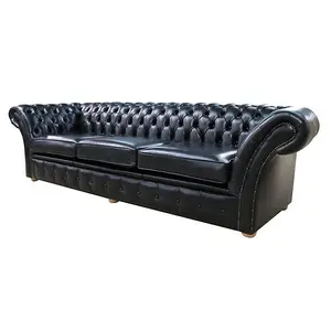 Chesterfield 4 Seater Old English Black Leather Sofa Settee In Balmoral Style