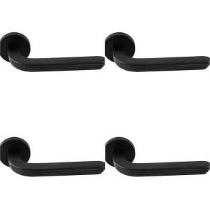 4 PACK - Premium Art Deco Door Handle Set - Matt Black Reeded Lever on Round Rose