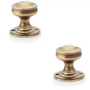 2 PACK - SOLID BRASS Mortice Hammered Georgian Door Knob - Antique Brass 50mm Diameter