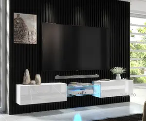 Furneo White Floating TV Cabinet 230cm Wall Unit Modern High Gloss &Matt Art02 Blue LED Lights