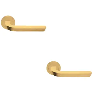 2 PACK - Premium Art Deco Door Handle Set - Satin Brass Reeded Lever on Round Rose