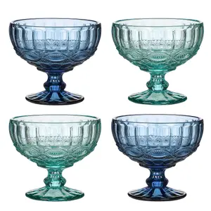 Set of 4 Vintage Blue & Turquoise Blue Glass Trifle Bowl and Dessert Bowls