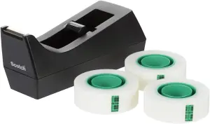 Scotch Desktop Tape Dispenser C38, Black + 3 Rolls Scotch Magic Tape, 19 mm x 33 m