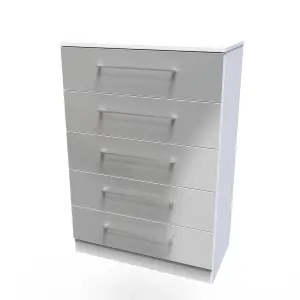 Chester 5 Drawer Chest in Uniform Grey Gloss & White (Ready Assembled)