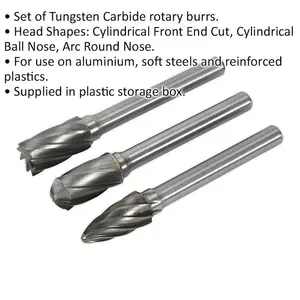 3 Pack of 10mm Tungsten Carbide Rotary Burr Bits for Metalworking and DIY Projects