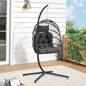 Black Foldable Rattan Egg Swing Chair Garden Relaxing Hanging Chair with Metal Stand and Cushions 195 cm